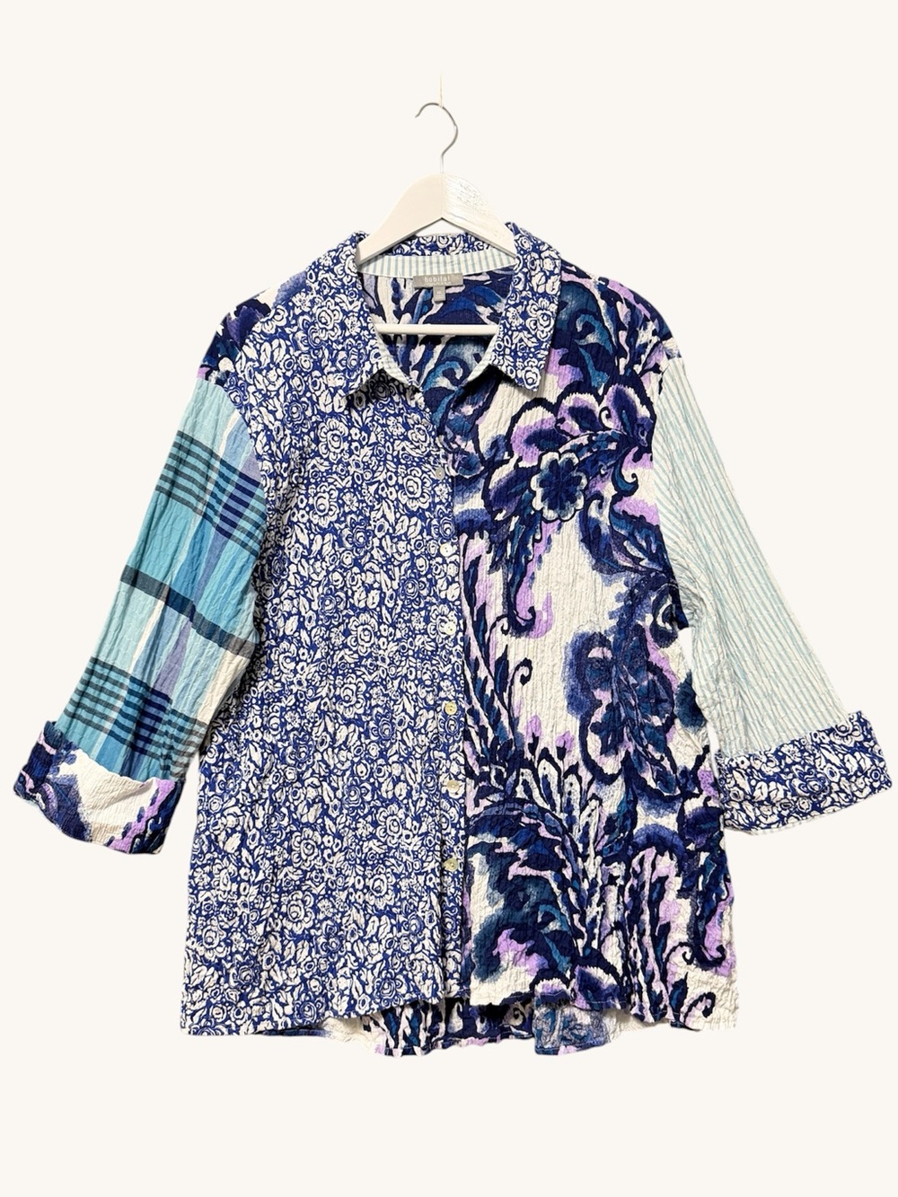Habitat Stir It Up Mixed Print Crinkled Button Up Top Size XXL Blue Long Sleeve